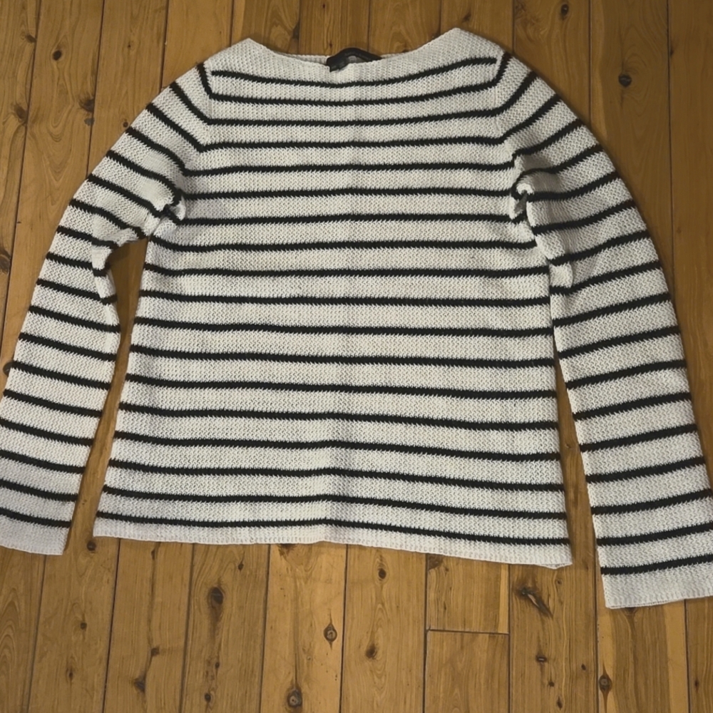 360 Cashmere White and Black Striped Crewneck Sweater
